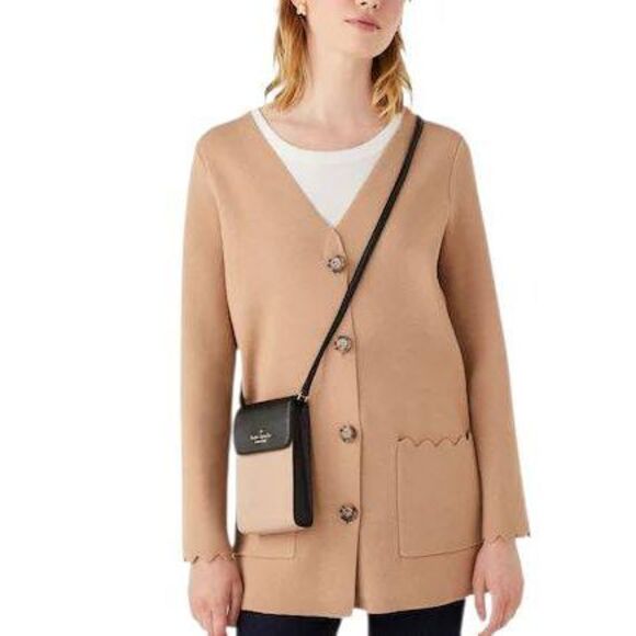 Kate Spade Madison Flap Phone Crossbody Toasted Hazelnut & Black Leather Bag - Picture 2 of 13